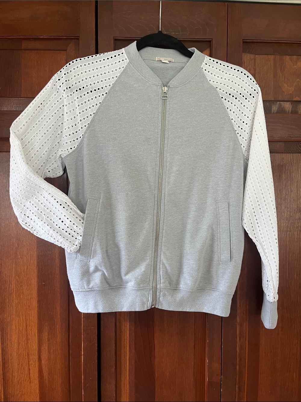 GAP Light Gray Bomber Jacket with White Eyelet Sleeves